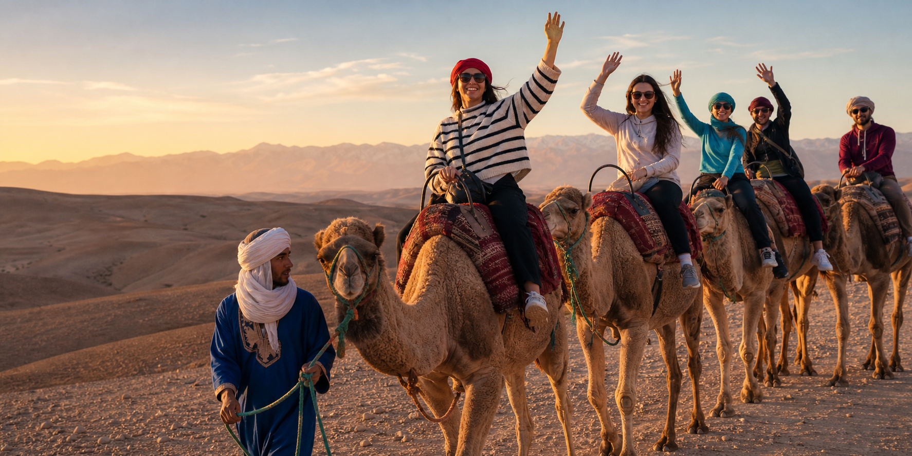 Travelers on a camel excursion in the Moroccan desert