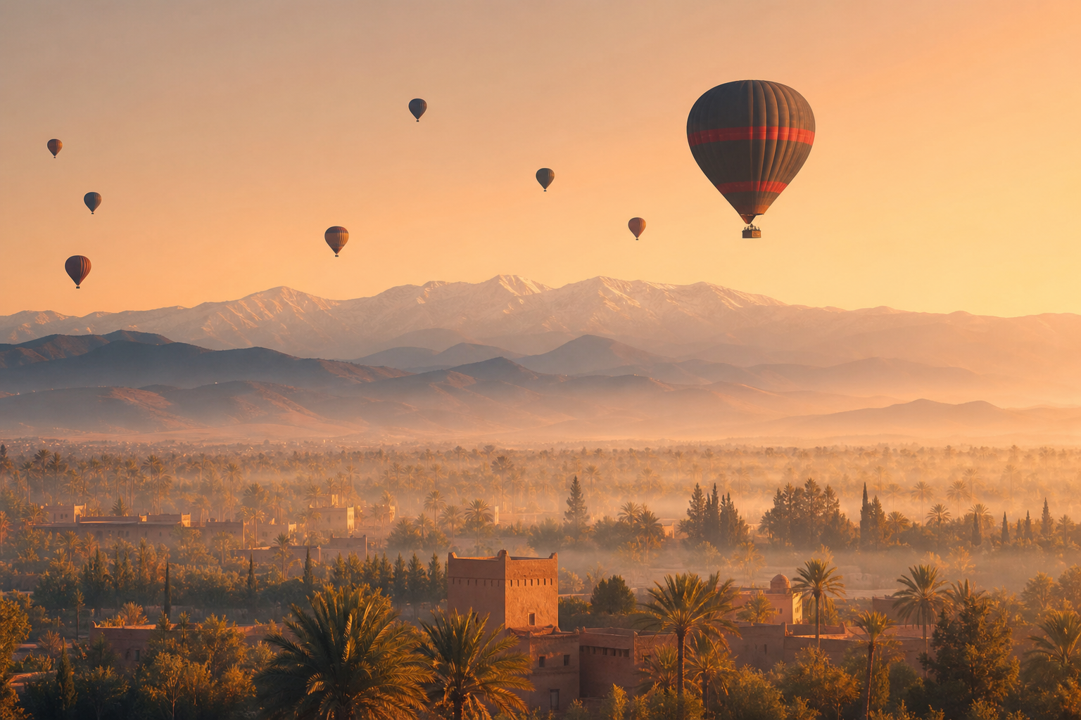Hot air balloons over Marrakech at sunrise