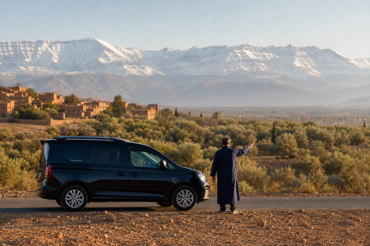Local Moroccan guide gesturing toward a kasbah with the Atlas Mountains behind